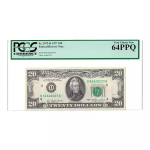 $20 1977 blue-Green seal. Small Size $20 Federal Reserve Notes 2072-D
