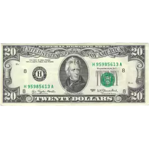 $20 1977 blue-Green seal. Small Size $20 Federal Reserve Notes 2072-H