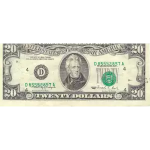 $20 1990 blue-Green seal. Small Size $20 Federal Reserve Notes 2077-D