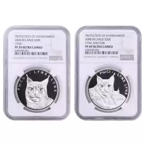 2008 Belarus Silver Lynx 2-Coin Set NGC PR69 & PR70 Ultra Cameo (2)