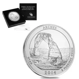 2014-P 5 oz Silver America the Beautiful Quarter, Arches, (Burnished)