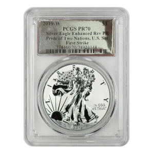 2019-W $1 Silver Eagle Enhanced Rev PR Pride of Two Nations, U.S. Set First Strike
