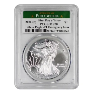 2021-(P) $1 Silver Eagle -T1 Emergency Issue Struck at Philadelphia First Day of Issue