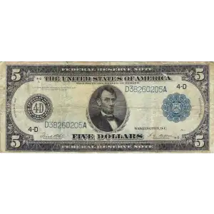 $5 1914 Blue Seal Federal Reserve Notes 847A