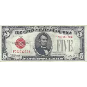 $5 1928-C red seal. Small Legal Tender Notes 1528