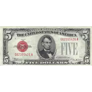 $5 1928-D red seal. Small Legal Tender Notes 1529