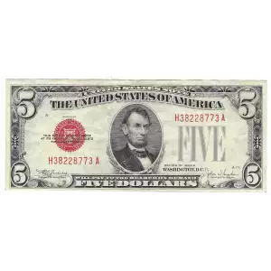 $5 1928-E red seal. Small Legal Tender Notes 1530