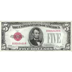 $5 1928 red seal. Small Legal Tender Notes 1525 (2)