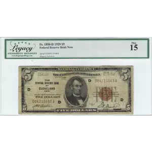 $5 1929 brown seal Small Federal Reserve Bank Notes 1850-D