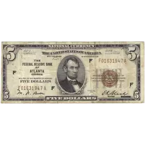 $5 1929 brown seal Small Federal Reserve Bank Notes 1850-F