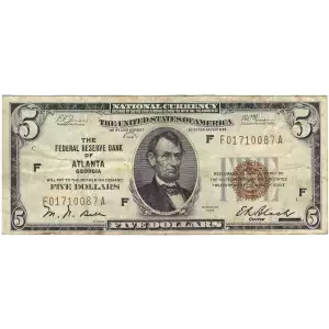 $5 1929 brown seal Small Federal Reserve Bank Notes 1850-F