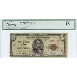 $5 1929 brown seal Small Federal Reserve Bank Notes 1850-F