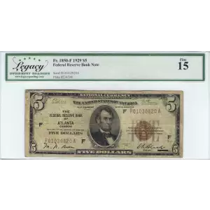 $5 1929 brown seal Small Federal Reserve Bank Notes 1850-F