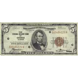 $5 1929 brown seal Small Federal Reserve Bank Notes 1850-G