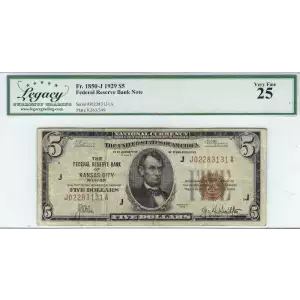 $5 1929 brown seal Small Federal Reserve Bank Notes 1850-J