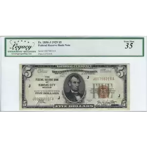 $5 1929 brown seal Small Federal Reserve Bank Notes 1850-J