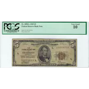 $5 1929 brown seal Small Federal Reserve Bank Notes 1850-L