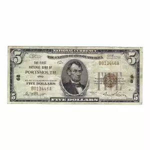 $5 1929 Small brown seal Small National Bank Notes 1800-1