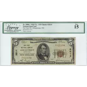 $5 1929 Small brown seal Small National Bank Notes 1800-1