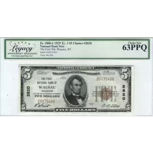 $5 1929 Small brown seal Small National Bank Notes 1800-1