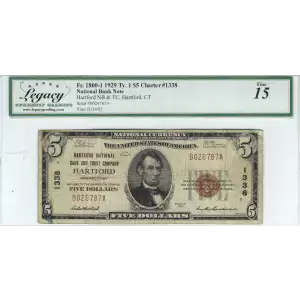 $5 1929 Small brown seal Small National Bank Notes 1800-1