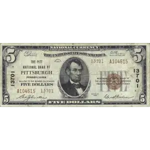 $5 1929 Small brown seal Small National Bank Notes 1800-1