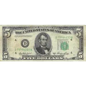 $5 1950-A.  Small Size $5 Federal Reserve Notes 1962-D