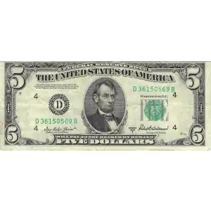 $5 1950-B.  Small Size $5 Federal Reserve Notes 1963-D