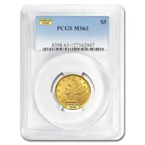 $5 Gold Liberty Head Half Eagle PCGS MS63 (Year Varies)