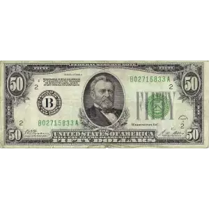 $50 1928-A.  Small Size $50 Federal Reserve Notes 2101-B