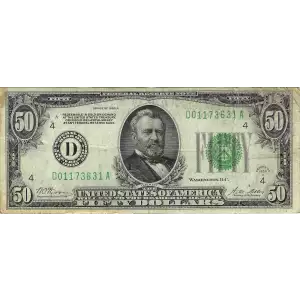 $50 1928-A.  Small Size $50 Federal Reserve Notes 2101-D