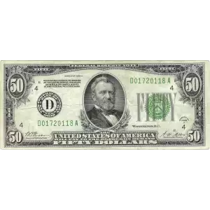 $50 1928-A.  Small Size $50 Federal Reserve Notes 2101-D