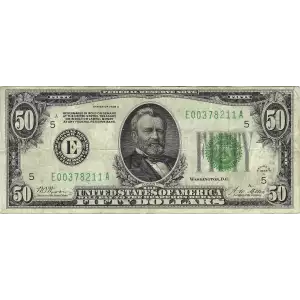 $50 1928-A.  Small Size $50 Federal Reserve Notes 2101-E
