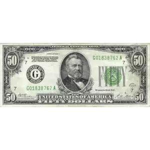 $50 1928-A.  Small Size $50 Federal Reserve Notes 2101-G