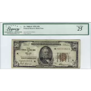 $50 1929 brown seal Small Federal Reserve Bank Notes 1880-K