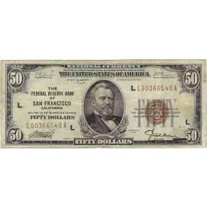 $50 1929 brown seal Small Federal Reserve Bank Notes 1880-L