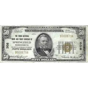 $50 1929 small brown seal. Small National Bank Notes 1803-1