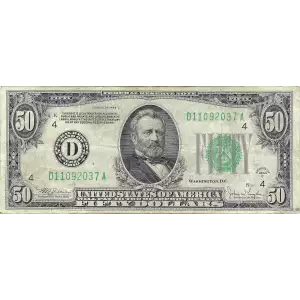 $50 1934-C. blue-Green seal. Small Size $50 Federal Reserve Notes 2105-D