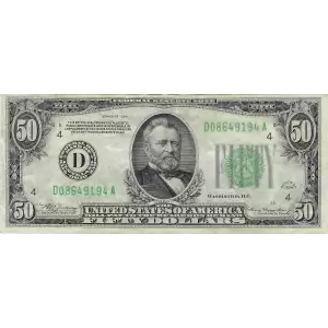 $50 1934 light Green seal. Small Size $50 Federal Reserve Notes 2102-A