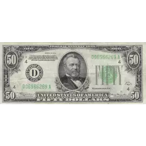 $50 1934 light Green seal. Small Size $50 Federal Reserve Notes 2102-A