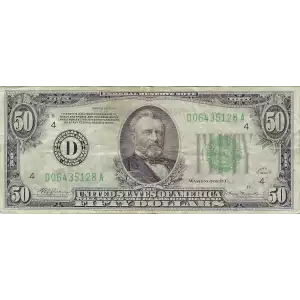 $50 1934 light Green seal. Small Size $50 Federal Reserve Notes 2102-A