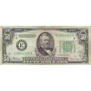 $50 1934 light Green seal. Small Size $50 Federal Reserve Notes 2102-C