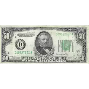 $50 1934 light Green seal. Small Size $50 Federal Reserve Notes 2102-D