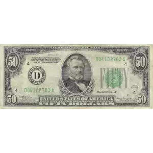 $50 1934 light Green seal. Small Size $50 Federal Reserve Notes 2102-D