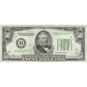 $50 1934 light Green seal. Small Size $50 Federal Reserve Notes 2102-D
