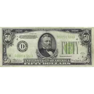 $50 1934 light Green seal. Small Size $50 Federal Reserve Notes 2102-D
