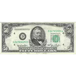 $50 1950 blue-Green seal. Small Size $50 Federal Reserve Notes 2107-D