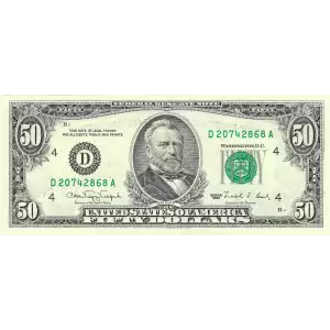 $50 1990 blue-Green seal. Small Size $50 Federal Reserve Notes 2124-D