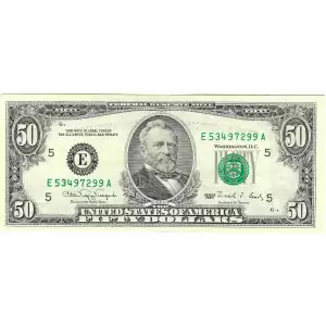 $50 1990 blue-Green seal. Small Size $50 Federal Reserve Notes 2124-E