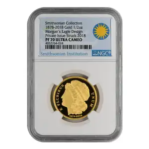 Product Details
This 1/2 oz .999 fine Gold pattern was privately struck in 2018 as part of the Smithsonian Collection to commemorate George T. Morgan's 1878 Morgan Silver Dollar.

Round Highlights:
Contains 1 oz of .999 fine Gold.
NGC encapsulation guaran